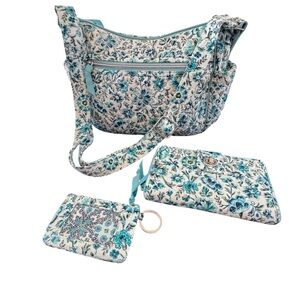 Vera Bradley Cloud Vine 3 piece Bag Wallet Coin purse Set Floral Blue White